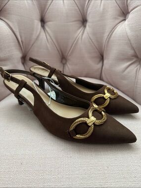 a new day Brown Pointed Slingback Heels with Gold Chain Detail
